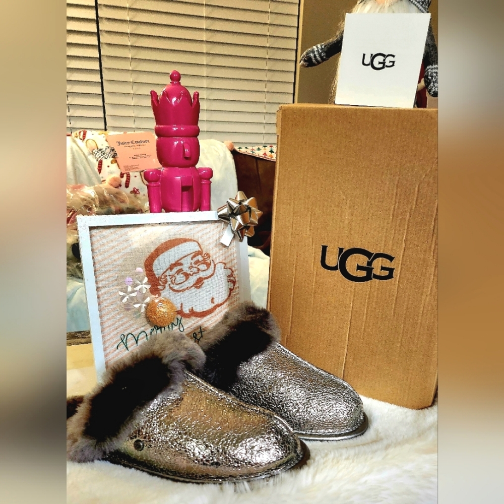 UGG Metalic Gunmetal Fur Slides sz. 7 NWB